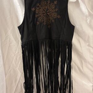 Hayden LA Black Fringe Sleeveless Top with Embroidered Design